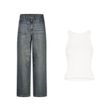 SET BAGGY JEANS HOSE VERBLASSTER BLAUER SAND + TANKTOP PREMIUM
