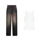 SET BAGGY JEANS PANTS SAND WASHED BLACK + TANK TOP PREMIUM